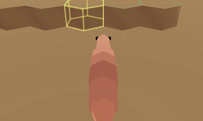 Chase-camera view from behind the worm, with a wireframe box highlighting the hex cell it is about to bite.